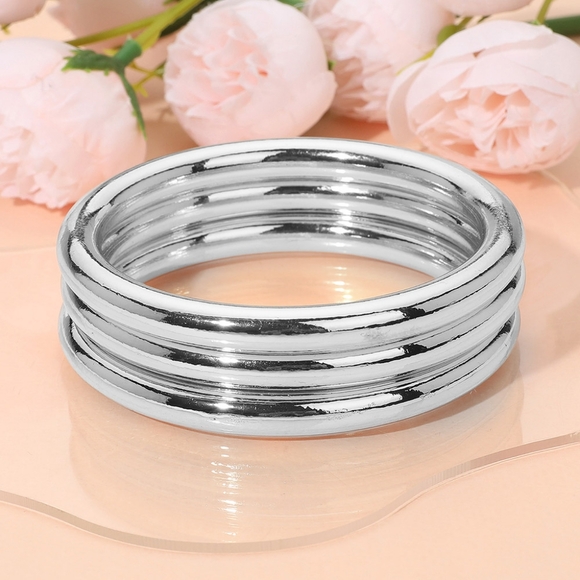 Silver 3 Piece Stack Round Metal Bangle Bracelets Set Layered Glossy Jewelry - Picture 1 of 3